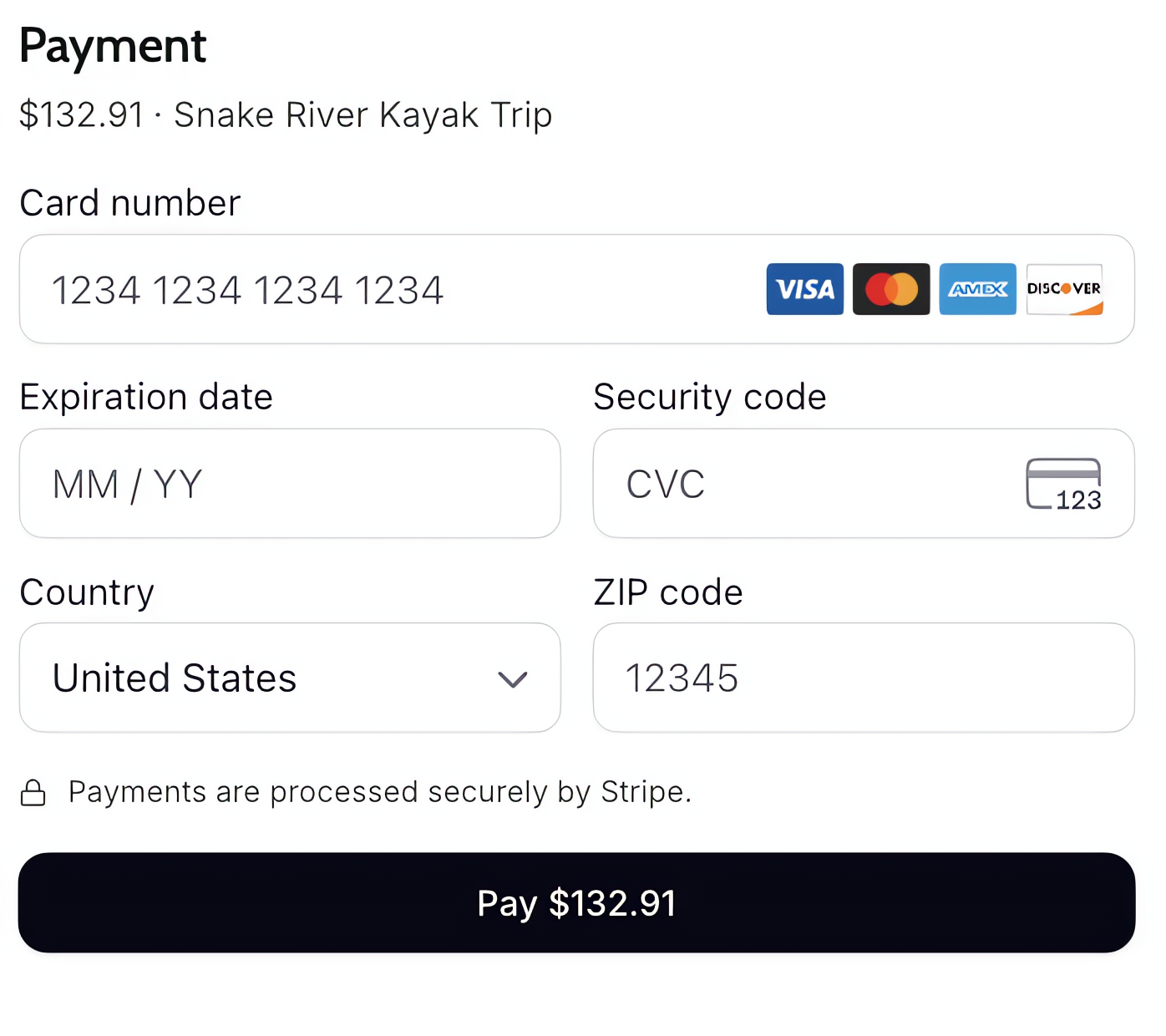 Trekbooker checkout with card payment form