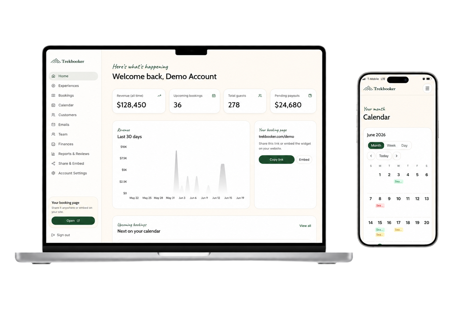 Trekbooker dashboard and calendar on laptop and phone