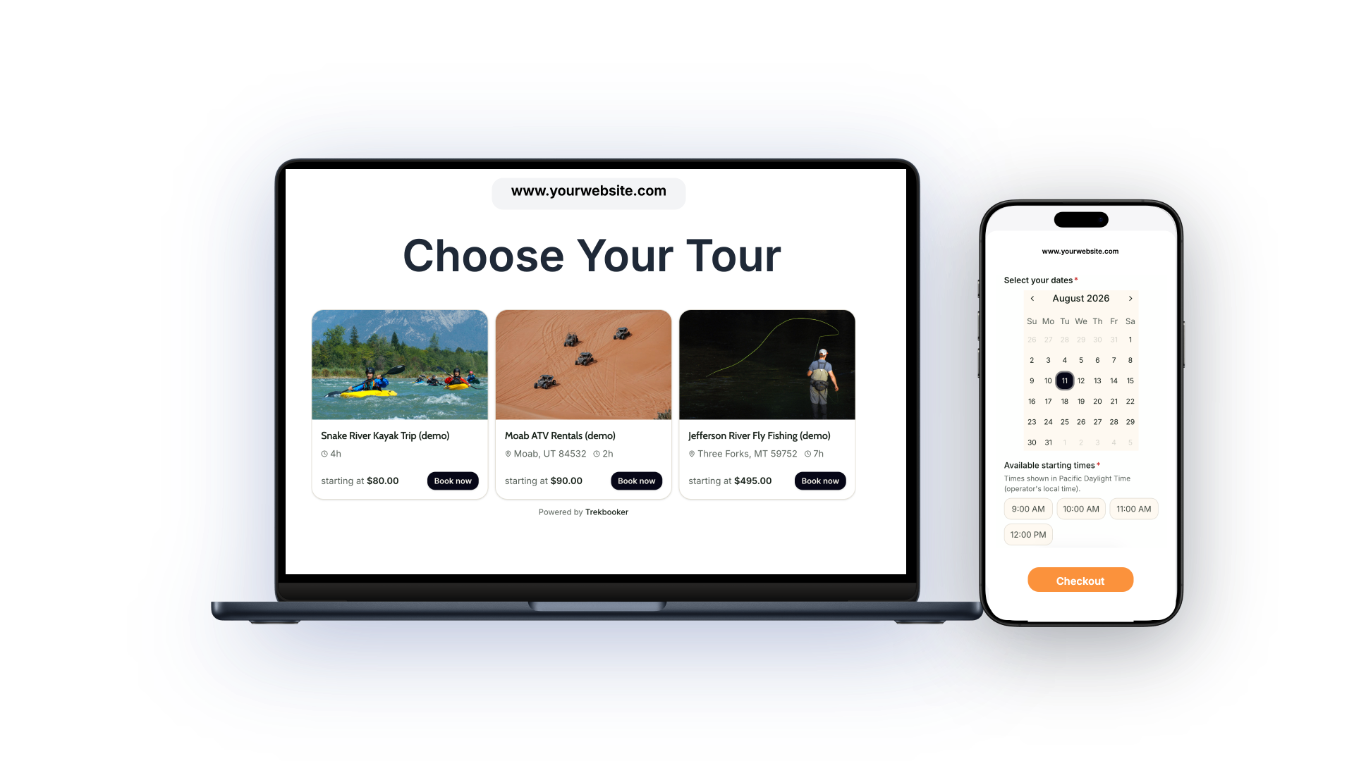 Trekbooker booking widget embedded on a website and mobile